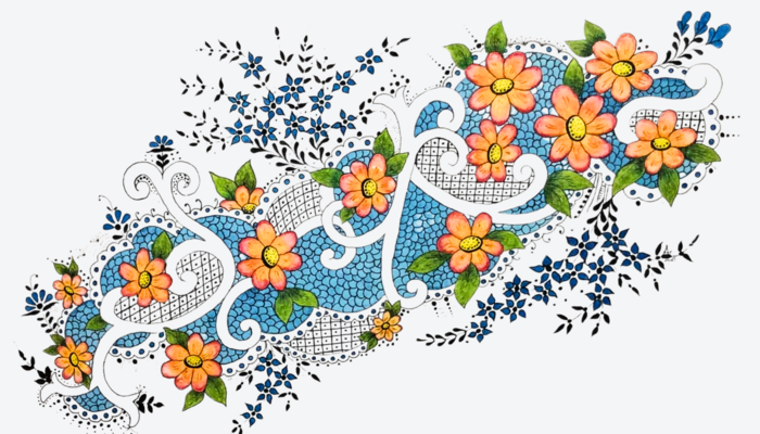 Zeichnung mit Blumen und geometrischen Formen