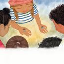 Zeichnung mit 1 Person, die 4 Menschen, von denen nur die Hinterköpfe sieht, auf ihren Handflächen 5 Steine präsentiert