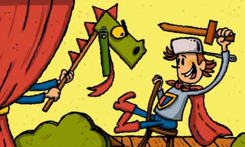 Ein kleiner Ritter sitzt auf einem Stuhl und kämpft mit einem Schwert gegen einen Drachen.