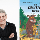 Eine Collage: links ist ein Foto des Illustrators Axel Scheffler zu sehen, auf dem er lächelnd zur Seite blickt. Rechts das Cover des Kinderbuchs: "Die Grüffelo Oma".
