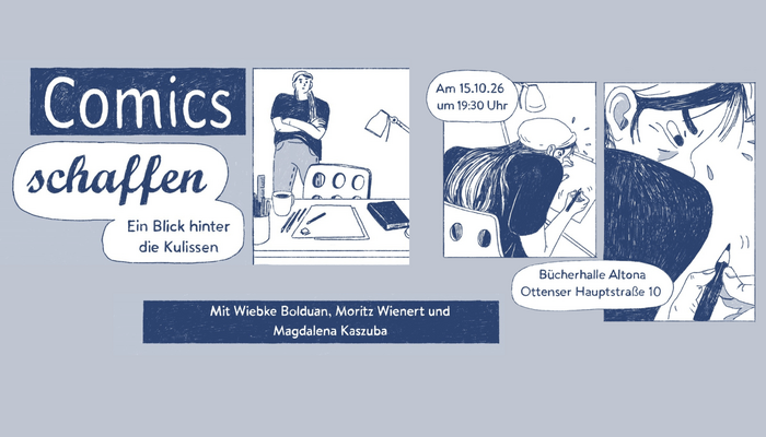 Comic-Zeichnung in blau und weiß.