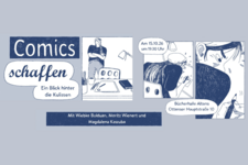 Comic-Zeichnung in blau und weiß.