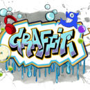 bunt gemaltes Bild mit Graffiti-Schriftzug in der Mitte