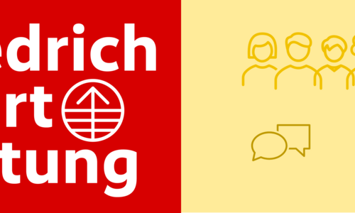 Logo der Friedrich-Ebert-Stiftung e.V. und abstrakte Grafik aus Menschen, Sprechblasen und ineinander greifenden Händen