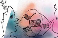 Illustration: Zwei Personen sprechen miteinander über Bücher