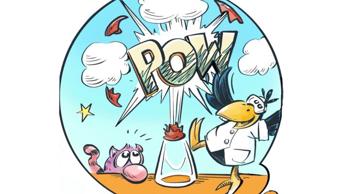 Comiczeichnung eines Raben der ein Chemie-Experiment durchführt
