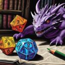 Zeichnung eines Drachen mit Würfeln
