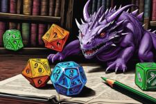Zeichnung eines Drachen mit Würfeln