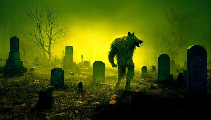 Werwolf bei Vollmond auf einem Friedhof