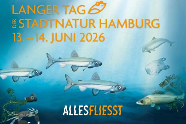 Text "Langer Tag der Stadtnatur Hamburg, 13.-14- Juni 2026, Alles fließt. im Hintergrund: Meer mit Fischen und Plastikmüll.