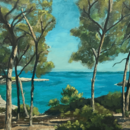 Gemälde vom grünen Bäumen vor einem blauen Meer.