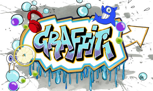 bunt gemaltes Bild mit Graffiti-Schriftzug in der Mitte