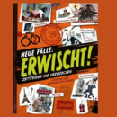 Buchcover "Neue Fälle: Erwischt! Zeitreise ins Verbrechen" in Rot mit kleinen Karikaturen von Verbrechen.
