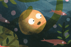 Illustration Stein mit Gesicht, im Wasser