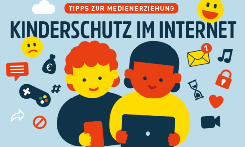 Illustration: Kind vor einem Banner mit mobilen Geräten