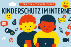 Illustration: Kind vor einem Banner mit mobilen Geräten