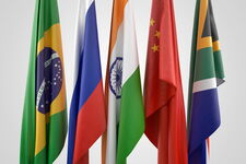 Flaggen der BRICS Staaten, Brasilien, Russland, Indien, China und Südafrika