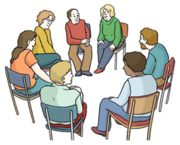 Illustration. Menschen sitzen in einem Kreis