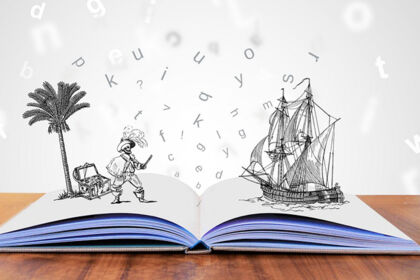 Aufgeschlagenes Buch, aus dem Figuren steigen