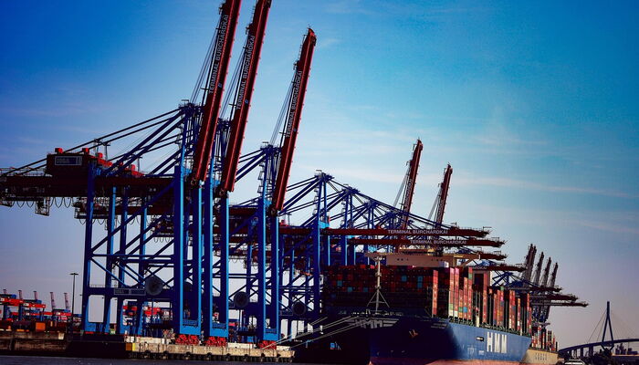 Schiff vor Containerbrücken im Hamburger Hafen