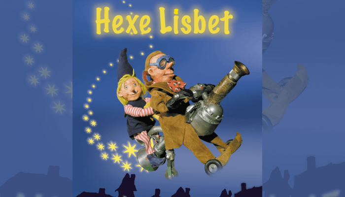 Plakat mit zwei Figuren (eine Hexe und ein Mann) auf einem fliegenden Besen; Überschrift "Hexe Lisbet"