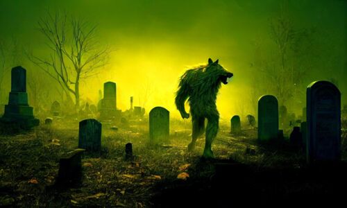 Werwolf bei Vollmond auf einem Friedhof