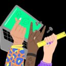 gezeichnete Frauenhände mit Laptop im Hintergrund