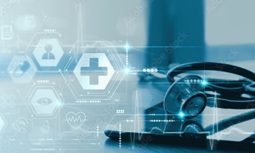 Fotos eines Stethoskop mit Abbildungen von Gesundheitspiktogrammen