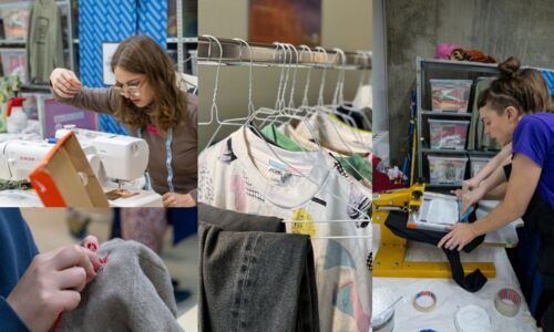 Foto zeigt mehrere Bereiche aus der Mode, z.B. eine Frau an der Nähmaschine, eine nähende Hand, ausgestellte Kleidungsstücke zum Tauschen