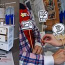 Foto zeigt zwei Bilder, eines mit weißer Kommode und eines auf denen Mini-Schildchen hochgehalten werden mit Kampagne Saubere Kleidung