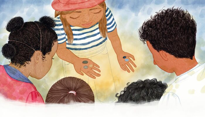 Zeichnung mit 1 Person, die 4 Menschen, von denen nur die Hinterköpfe sieht, auf ihren Handflächen 5 Steine präsentiert