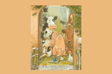 Illustration von Einer Kuh (Lieselotte) mit weiteren Tieren, die in einem Hauseingang stehen und draußen den Regen anschauen.