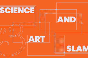 orangenes Bild auf dem Science And Art Slam steht, auseinander gezogen und mit geomtrischen Figuren