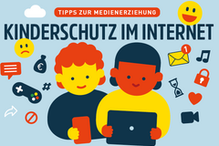 Illustration: Kind vor einem Banner mit mobilen Geräten