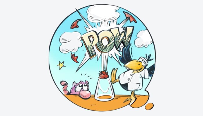 Comiczeichnung eines Raben der ein Chemie-Experiment durchführt