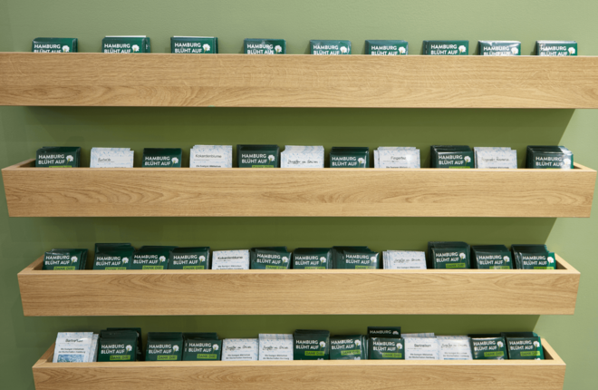 Grüne Wand mit Holzfächern gefüllt mit Saatguttütchen