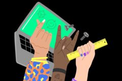 gezeichnete Frauenhände mit Laptop im Hintergrund