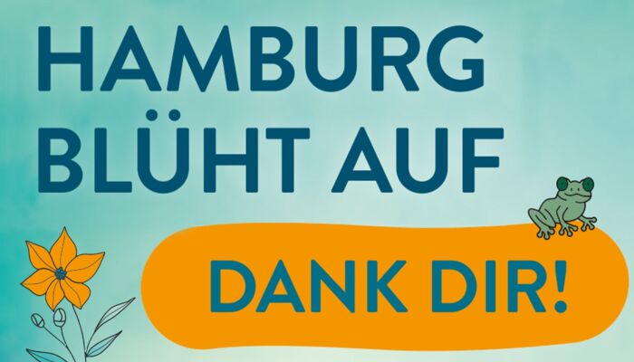 Hamburg blüht auf, Dank dir! in blauer und orangener Farbe und Schrift.