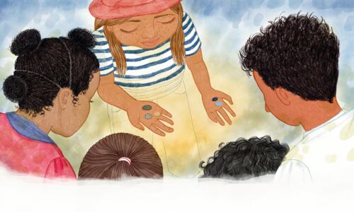 Zeichnung mit 1 Person, die 4 Menschen, von denen nur die Hinterköpfe sieht, auf ihren Handflächen 5 Steine präsentiert