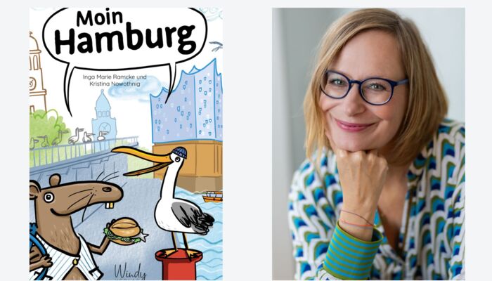 Buchcover "Moin Hamburg" und die Autorin Inga Marie Ramcke.