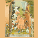 Illustration von Einer Kuh (Lieselotte) mit weiteren Tieren, die in einem Hauseingang stehen und draußen den Regen anschauen.