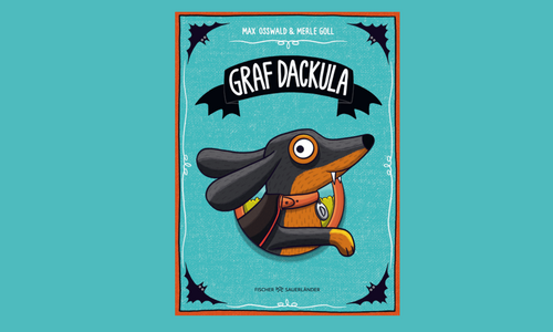 Buchcover "Graf Dackula". Zu sehen ist ein Dackel mit Vampir-Zähnen vor einen blauem Hintergrund.