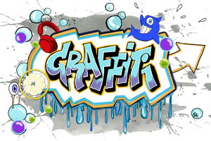 bunt gemaltes Bild mit Graffiti-Schriftzug in der Mitte