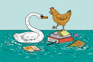 Comiczeichnung, ein Huhn steht auf einem Stapel Bücher, ein Schwan schwimmt daneben