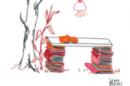 Illustration: Zu einem Schreibtisch aufgetürmte Bücher unter einem "Bücherbaum"