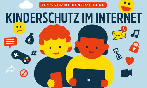Illustration: Kind vor einem Banner mit mobilen Geräten