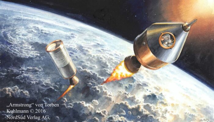 Zeichnung einer Rakete, die mit Mausbesatzung ins All fliegt