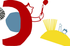 abstrakte Sticker in gelb, rot und grau