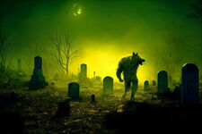 Ein Werwolf läuft bei Nacht über einen Friedhof