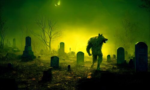 Ein Werwolf läuft bei Nacht über einen Friedhof